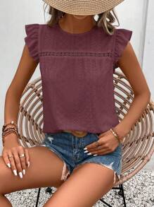 SHEIN Frenchy Eyelet Embroidery Ruffle Trim Round Neck Lace Trimmed Tee Summer - Dusty Purple - View 4