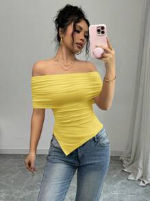 Rafferiza Kaos Wanita Elegan Tanpa Bahu dengan Kerah Lebar, Lipatan di Bagian Bawah, Potongan Ramping, Musim Semi/Panas - Kuning - View 3