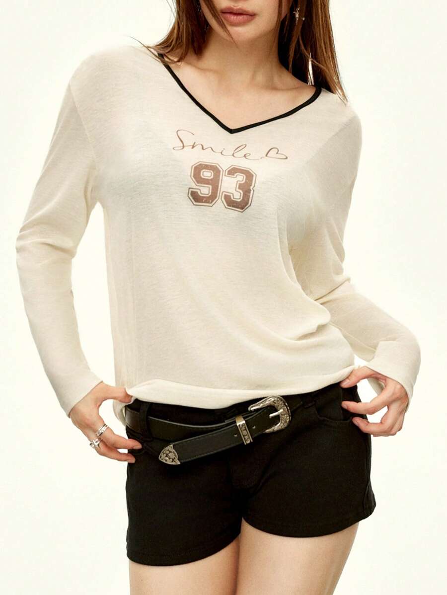 Rina Fox 女士字母与数字印花长袖休闲 T 恤 - 杏色 - 查看 1