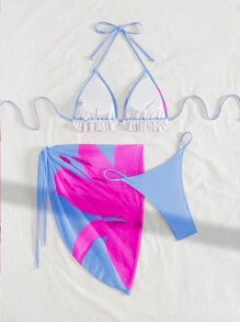 Swim Mod 春假女式 3 件套荷叶边露背系带比基尼套装，带花卉印花透视罩衫，海滩度假节波西米亚风装 - 彩色 - 查看 6