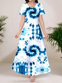 Mulvari Women's White V-Neck Spring/Summer Knit Short Sleeve Printed Dress, Can Be Worn As Outerwear Or As A Slip Dress, Casual/Work Dress, Featuring A Beautiful Vibrant Blue Tie-Dye Floral Pattern, Suitable For Dates, Everyday, Casual, Parties, Holidays, Spring/Summer Women's Clothing,Women Dresses Vacation Butterfly Dress Women Women Dresses Elegant Gown Women Dress Women Elegant Dresses