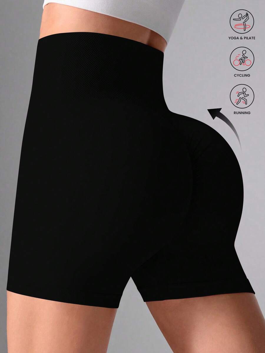 Easithlete 纯色褶饰高腰紧身夏季运动短裤骑行短裤 - 黑色 - 查看 1