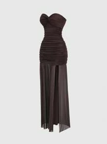 Sweetra Damen Mesh Patchwork körperbetont elegantes langes Kleid, Twist Knoten Dekor, Berufskleidung