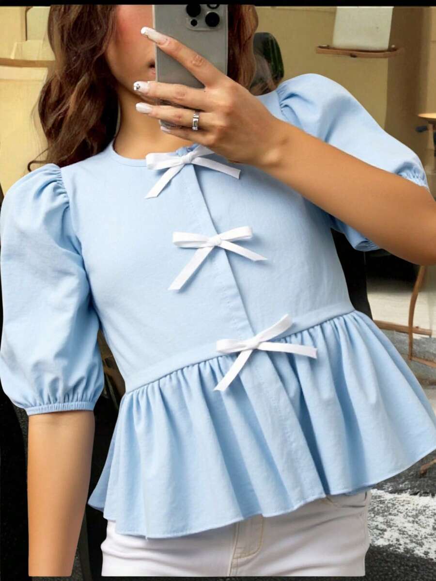 SHEIN Tween 女童甜美可爱彼得潘领泡泡袖蝴蝶结衬衫,适合正式、休闲、日常、街头风格、聚会 - 春夏 - 藍色 - 查看 1