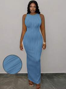 Slaydiva Women's Elegant Blue Maxi Dress Sleeveless Round Neck Knitted Semi-Sheer Pencil Hem Split Detail Bodycon Dress - Blue - View 1