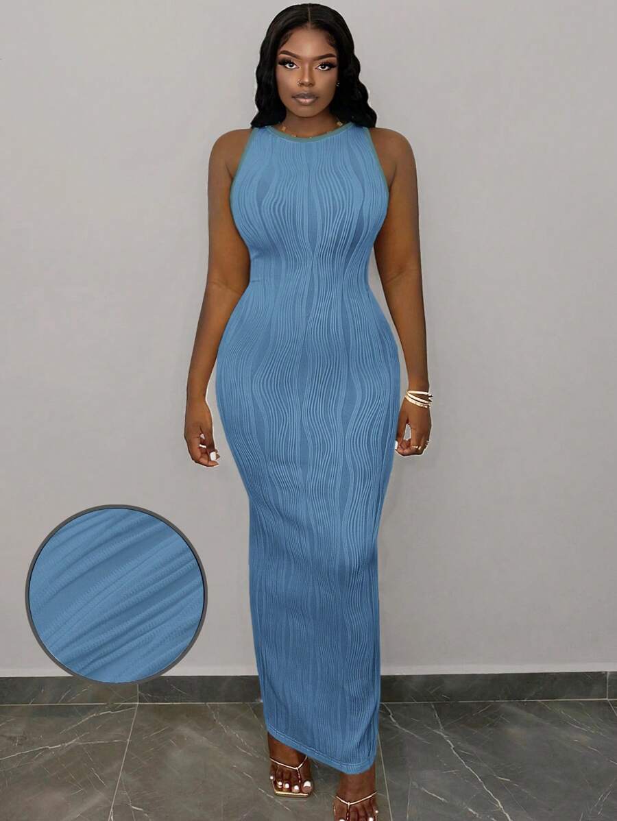 Slaydiva Women's Elegant Blue Maxi Dress Sleeveless Round Neck Knitted Semi-Sheer Pencil Hem Split Detail Bodycon Dress - Blue - View 1