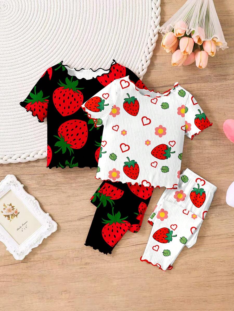 SHEIN 4pcs Baby Girls' Ruffled Strawberry Pattern Contrast Color Pajamas, Multi-Pack, Suitable For Summer - Multicolor - View 1