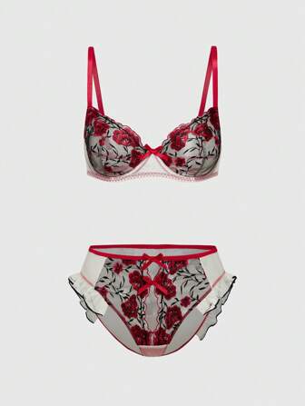 Sweetness Floral Embroidery Handmade Underwire Sexy Women's Lingerie Set