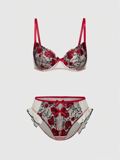 Sweetness Floral Embroidery Handmade Underwire Sexy Women's Lingerie Set