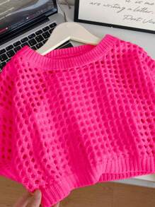 Tween Girls' Plain Crew Neck Dropped Shoulder Long Sleeve Loose Knitted Sweater - Hot Pink - View 3