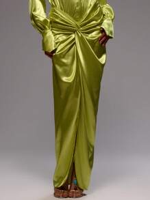 MUSERA V Front Waistband Ruched Twist Front Satin Maxi Skirt Only Summer Vacation Elegant Wedding Guest Graduation Formal  Fall Winter  Occasion Party - Green - View 1