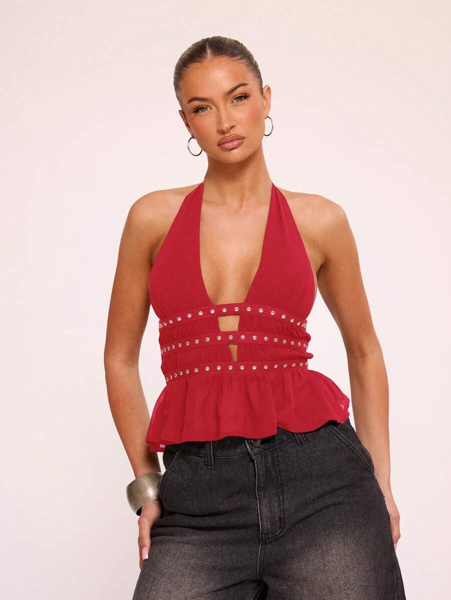MUSERA Halterneck Ruched Top With Eyelet Banding , Autumn, Festival Spring Summer - Orange - View 1