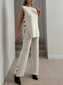 EURMUSE Elegancki zestaw tuniki i spodni z bocznymi guzikami, dzianinowe komplety