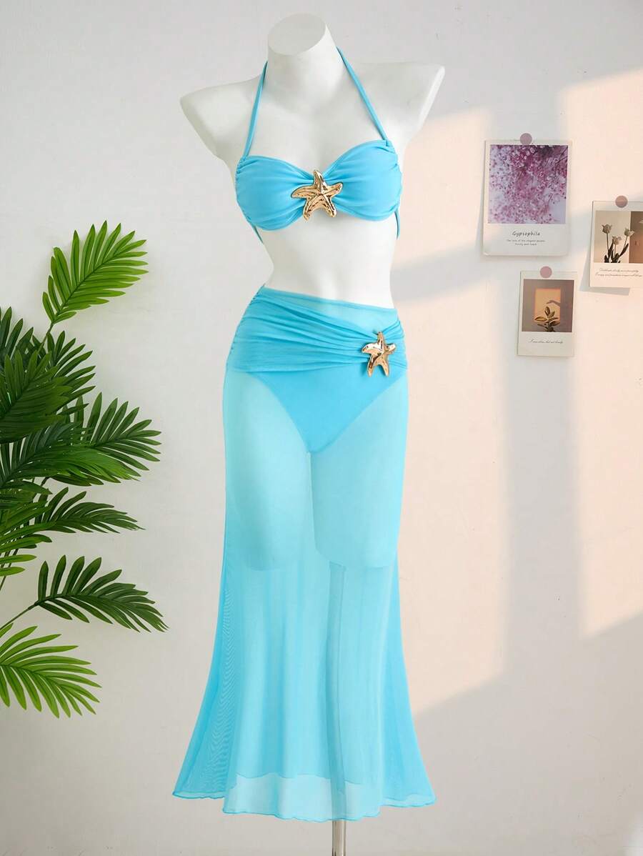 SHEIN Conjunto de bikini de 3 piezas con estrella de mar azul y botones metálicos para adolescentes, ideal para vacaciones en la playa - Azul - Ver 1