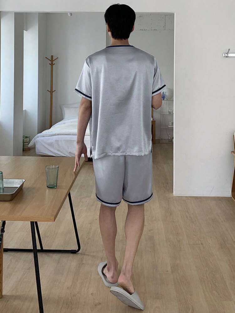 1 Set Men's Solid Gray T-Shirt And Lounge Wear Set, Summer Pajama
