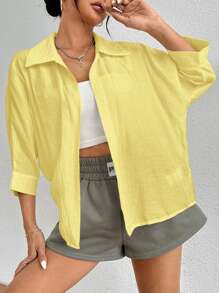 SHEIN PETITE Spring White Solid Batwing Sleeve White Shirt - Yellow - View 3