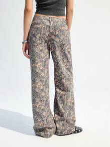 LYSMO Women's Pocket Branch Print Straight Relaxed Fit Casual Jeans - Multicolor - View 2