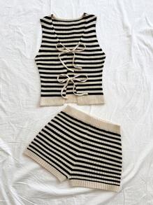 Soleia Women Casual Stripe Drawstring Knit Top + Shorts Set