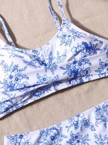 SHEIN Leap Crew Bộ đồ bơi bikini xoắn họa tiết sứ xanh trắng cho bé gái tuổi teen - Màu xanh lam - Xem 4