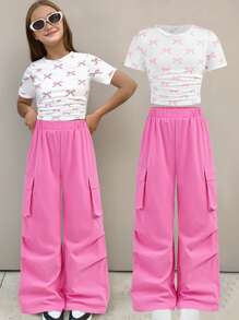 2pcs/Set Tween Girls Cute Bow Allover Printed T-Shirt & Loose Long Pants Set - Pink - View 1