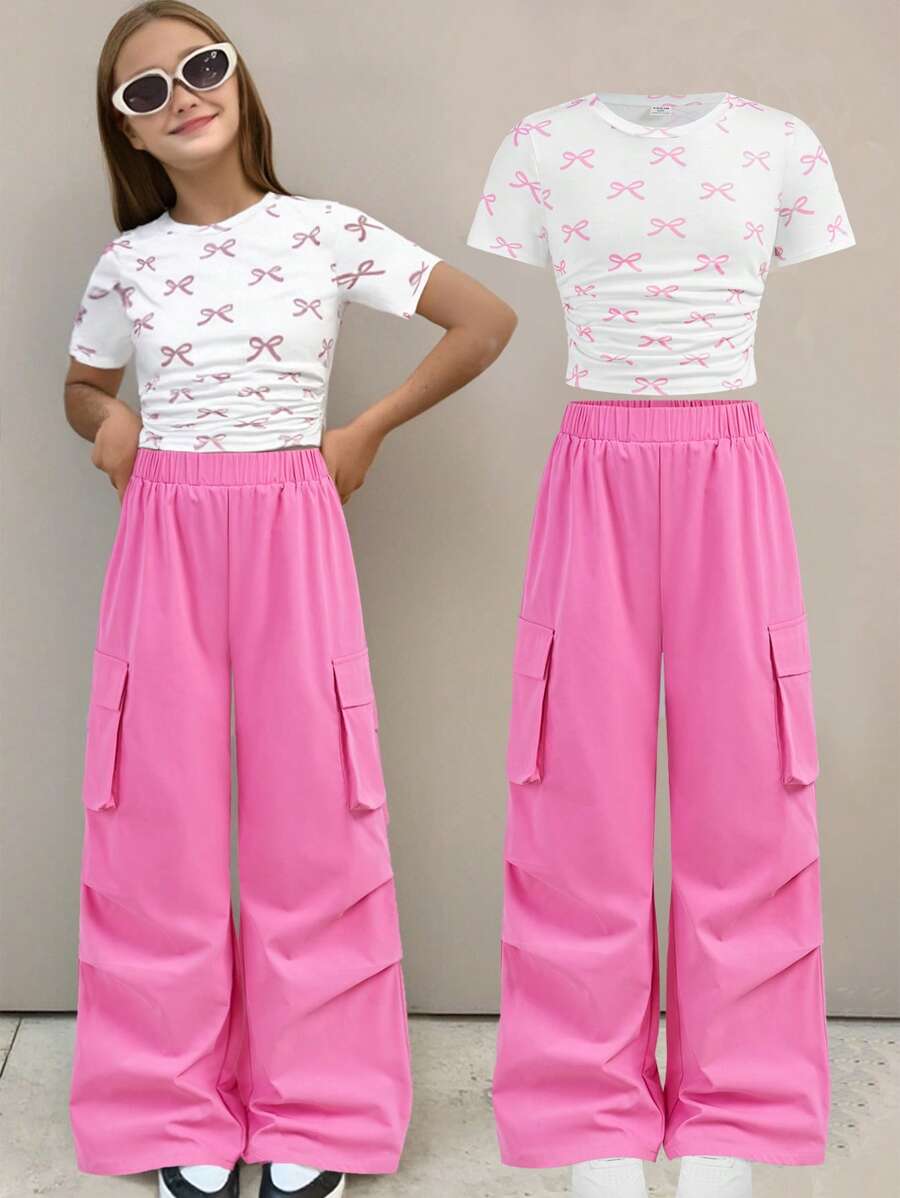 2pcs/Set Tween Girls Cute Bow Allover Printed T-Shirt & Loose Long Pants Set - Pink - View 1