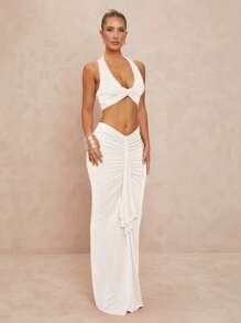 Lumalex 女士两件套：U 领扭纹短款背心和低腰褶饰荷叶边下摆紧身裙