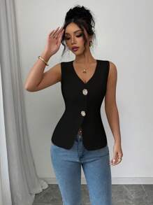 Rafferiza Solid Color Sleeveless Shirt For Summer Casual And Commute Fall Cloth For Women - Black - View 3