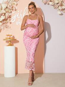 Loomaby Pregnant Women Floral Print Fishtail Hem Elegant Sleeveless Dress,Gender Reveal Dress,Baby Shower Dress,Maternity Dress - Pink - View 6