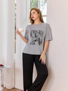 SHEIN Personalized Printed Grey Loose Round Neck Short Sleeve T-Shirt And Black Straight Leg Pants 2pcs Set - Grey - View 4
