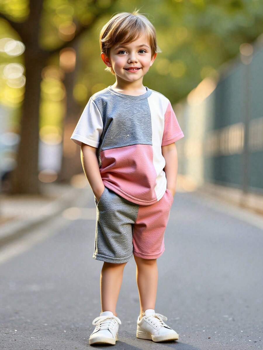 2 Pieces Set Young Boys Casual Sports College Artistic Style Retro Multi-Color Stitching Round Neck T-Shirt And Shorts Suit Suitable For Young Boy Clothing Young Boy Clothes Back To School Boy Suit Suitable For Birthday Parties, Evening Parties, Performances, Weddings, Baptisms, Opening Ceremonies, Daily Suitable For School Suitable For Travel Suitable For Vacation Suitable For Spring And Summer - Pink - View 1