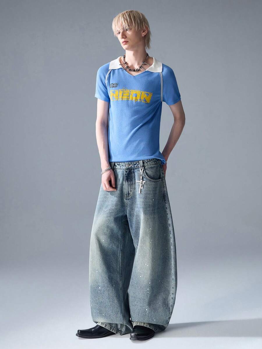 NEON BLANC Men's Street Fashion Blue Collared Slim-Fit Short Sleeve Sweater - Blue - View 1