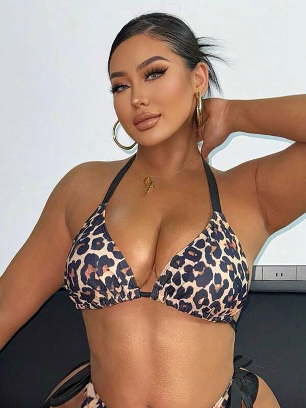 Slaydiva 1pc Plus Size Women Leopard Print Halter Bikini Top