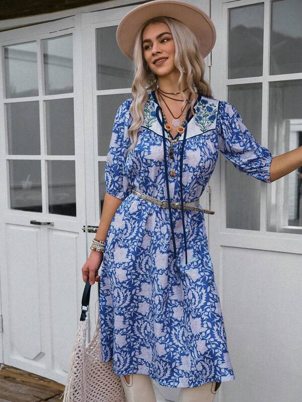 LanaWest Rochie de vară, în stil occidental, cu mâneci mijlocii, lejă, florală, pentru femei