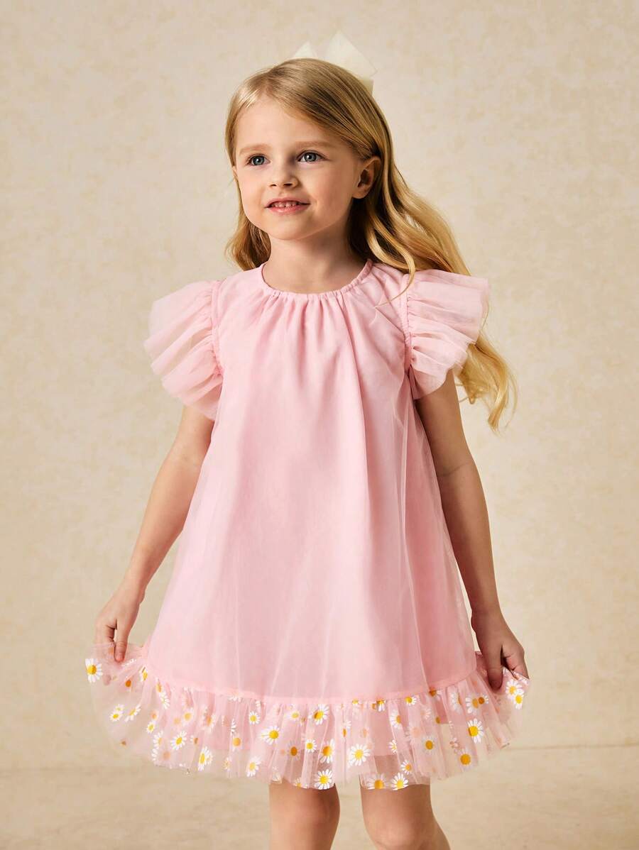 SHEIN Young Girls Elegant Pink Mesh Dress, Spring/Summer - Pink - View 1