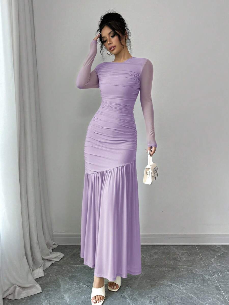 Firerie 女士长袖圆领网眼连衣裙，秋季休闲连衣裙，适合秋季服装、返校服装、教师服装 - 紫丁香色 - 查看 1