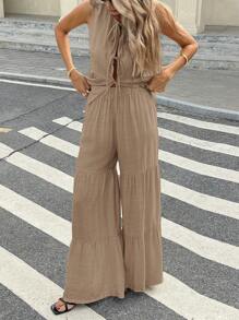 Serisse 女士两件套：无袖纯色系带荷叶边下摆衬衫和阔腿裤，休闲，商务休闲女士 - 卡其色 - 查看 4