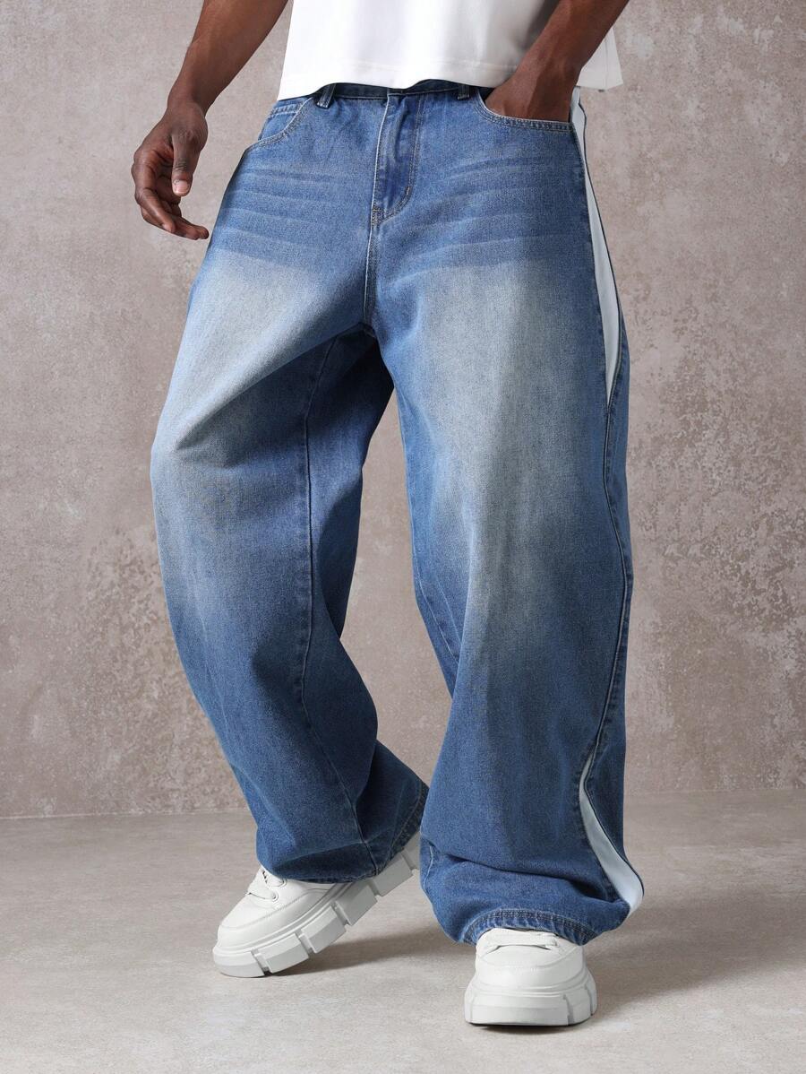 SUMWON 超宽腿滑板牛仔裤 Y2K 风格宽松牛仔裤街头潮流滑板宽松版型都市时尚潮流男士四季下装 - 藍色 - 查看 1