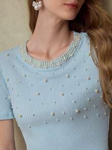 MOTF PREMIUM CAMISETA DE MANGA CORTA CON DETALLES DE PERLAS FALSAS - Azul - Ver 2