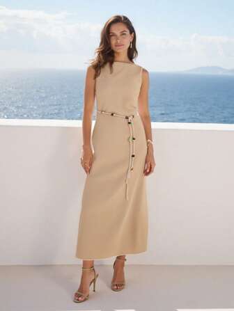 BY FELIZIA Vestido largo sin mangas de lino color caqui con cuello de barco y lazo, vestidos de verano para mujeres