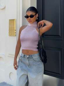 Chiquease Women's Slim Fit High Collar Sleeveless Solid Knit Top - Purple - View 6