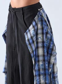 LYSMO 2025新款春夏女装可拆卸复古水洗格纹拼接宽松阔腿裤 - 黑色 - 查看 5