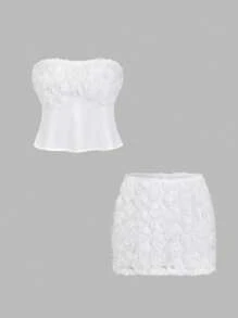 SHEIN LUNE 新款春季女士两件套，浪漫 3D 花卉法式复古优雅修身纹理紧身连衣裙 - 白色 - 查看 1