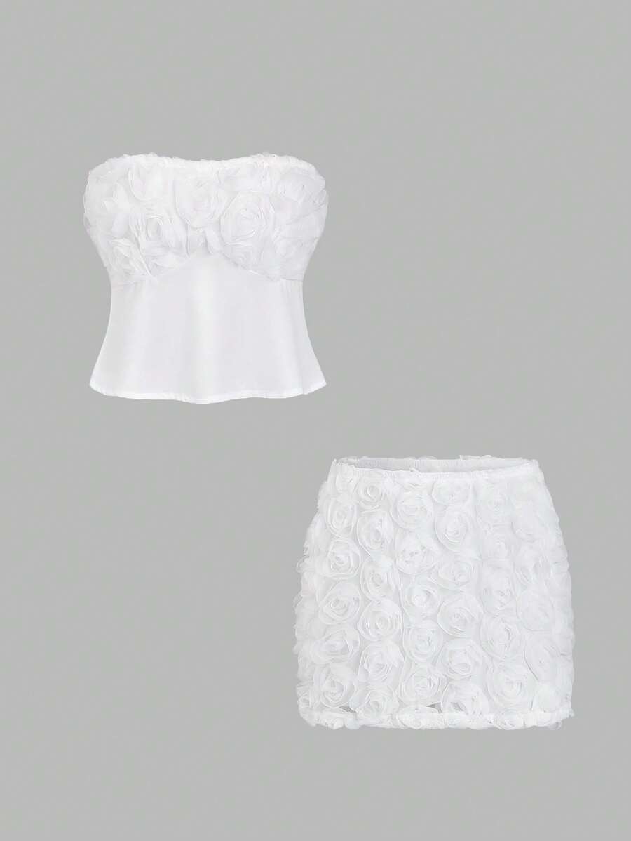 SHEIN LUNE 新款春季女士两件套,浪漫 3D 花卉法式复古优雅修身纹理紧身连衣裙 - 白色 - 查看 1