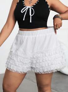 SHEIN EZwear 加大码白色花卉蕾丝边休闲修身短裤，蕾丝拼布短裤优雅短裤，白色，四季皆宜，蓝色，适合派对、节日、约会、情人节、下午茶、夏季/春季/音乐会女士/狂欢/狂欢节/乡村音乐会/纳什维尔/伊比沙岛 - 白色 - 查看 3