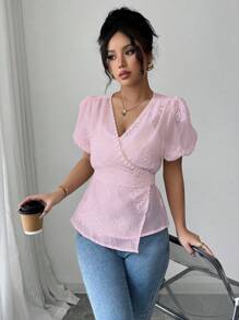 Elenzga Women's Embroidered Regular Vacation Summer Shirt - Pink - View 4