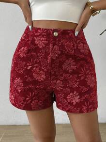 Flirla Women's Floral Jacquard Pleated Random Hem Shorts For Vacation - Burgundy - View 6
