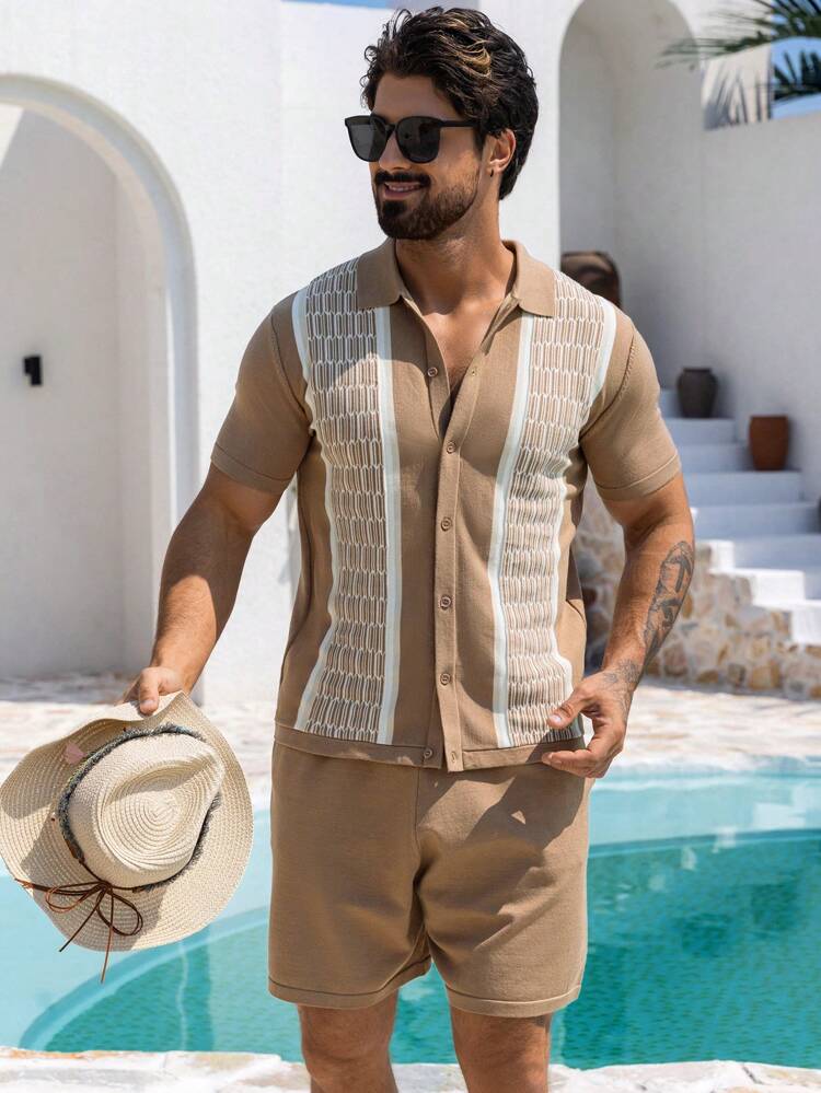 Summer Men's Color Block Textured Fabric Shirt Set