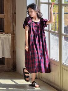 Dazy Kids Tween Girls Plaid Bow Accent Short Puff Sleeve Dress Sleepwear - Red - View 4