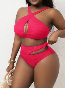 Slaydiva Plus Size Women Cross Strap Halter Hollow Out Tie Wide Ribbed Fabric Bikini Set - Hot Pink - View 1
