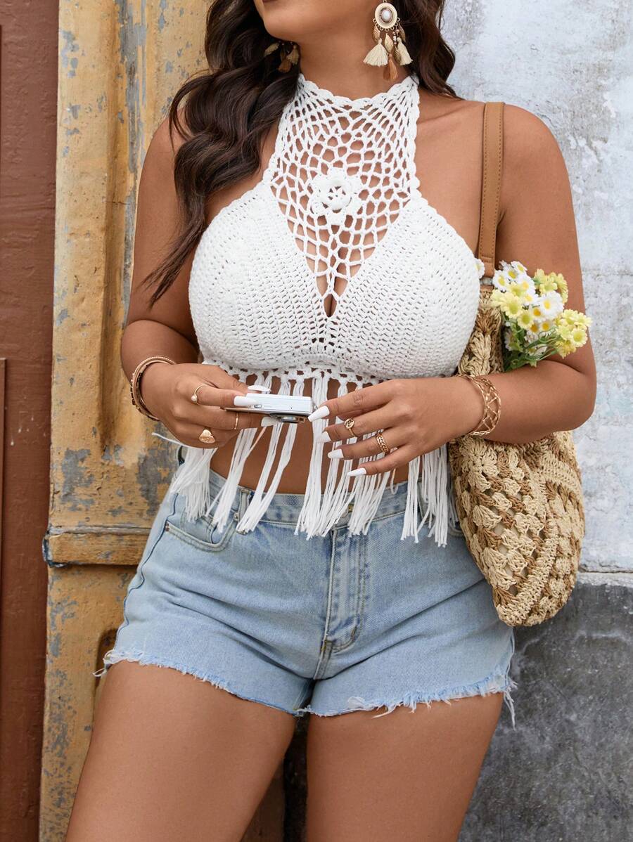 SHEIN VCAY 大码女式夏季纯色流苏镂空领针织衬衫钩针羊毛背心可爱夏季上衣女式夏季复活节女式节日狂欢波西米亚毕业婚礼宾客女式假期波西米亚节乡村音乐会女式早午餐复活节曲线